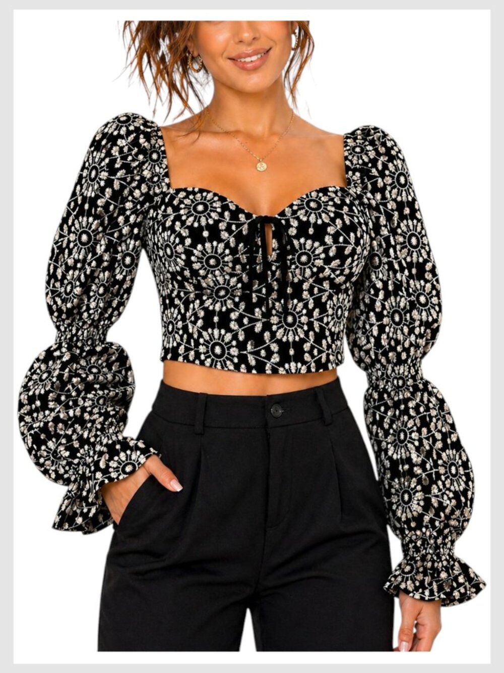 Bardot The Havana Crop Top Black White Embroidered Puff Sleeve 8 M